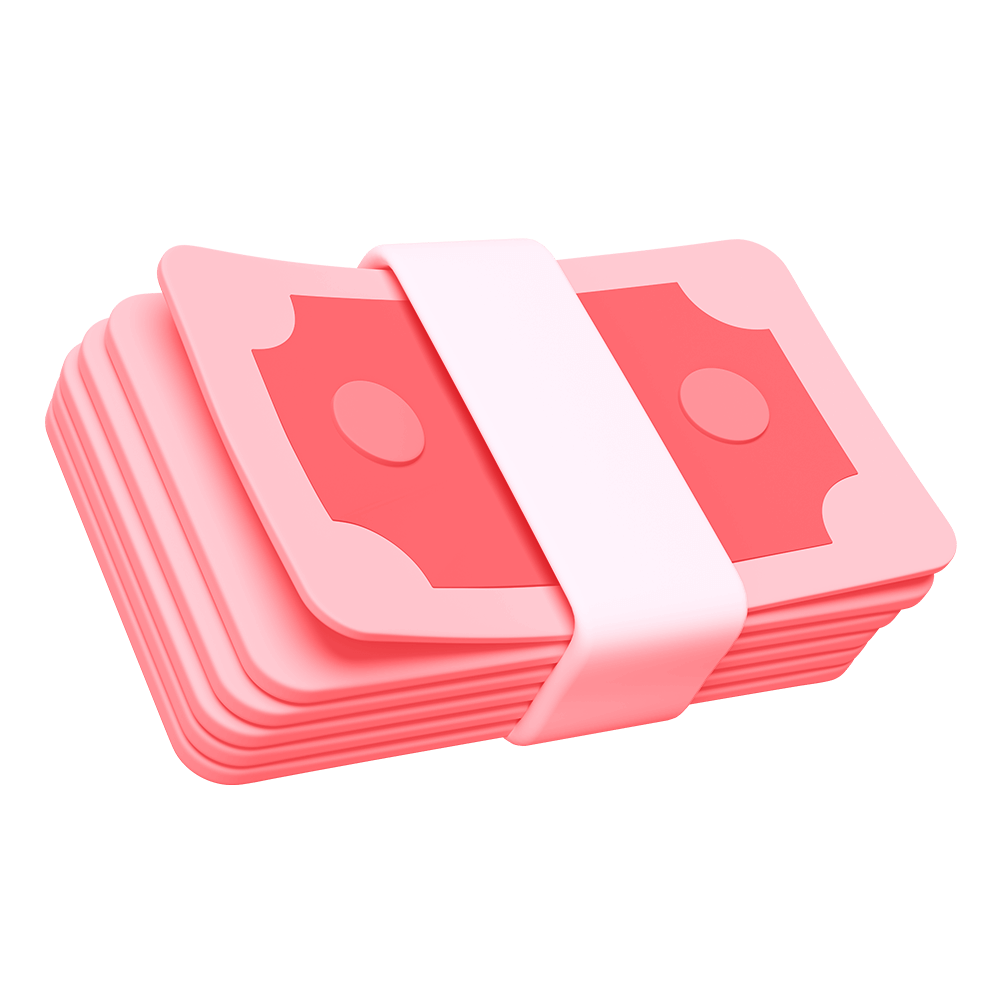 Stack of stylized pink and red paper money bills held together by a white band.