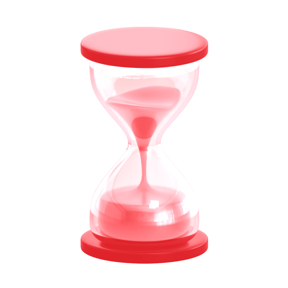 Transparent hourglass with red sand flowing from upper to lower chamber.